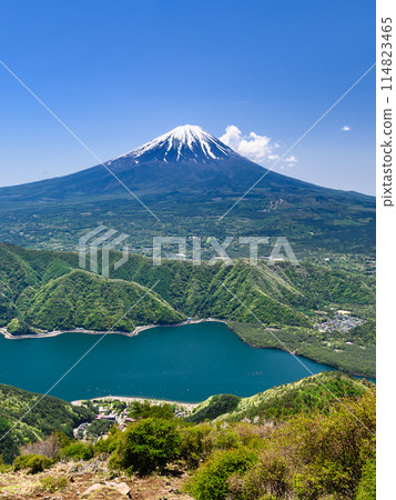 Mount Fuji and Lake Saiko as seen from Mount Setsugatake in Yamanashi Prefecture 114823465