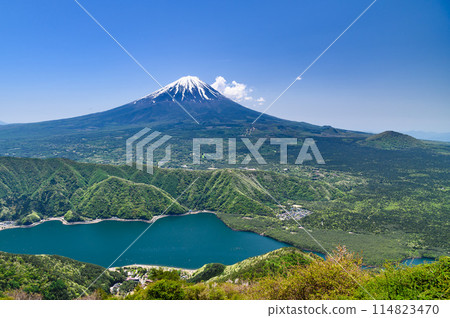 Mount Fuji and Lake Saiko as seen from Mount Setsugatake in Yamanashi Prefecture Mount Fuji and Lake Saiko as seen from Mount Setsugatake in Yamanashi Prefecture 114823470