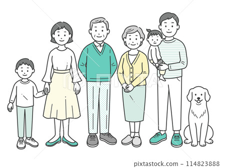 Full body illustration of three generations of family and pets 114823888