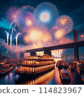 House boat and fireworks 114823967