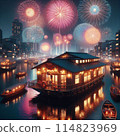 House boat and fireworks 114823969