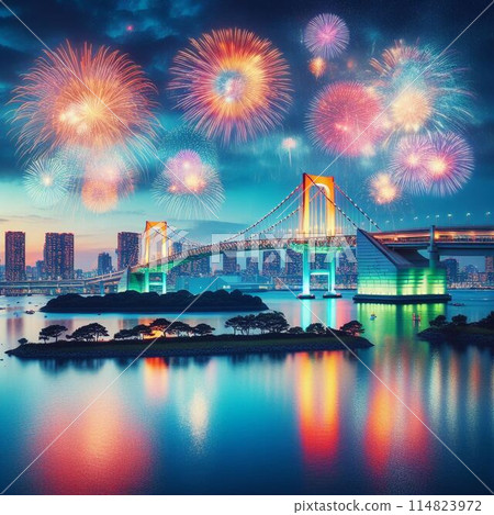 House boat and fireworks 114823972