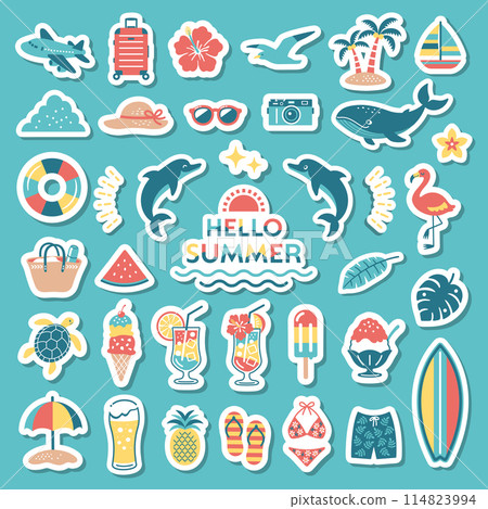 Simple illustration set of summer and sea, beach, summer vacation, travel, tropical, swimming, decoration 114823994