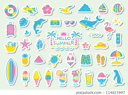 Simple illustration set of summer and sea, beach, summer vacation, travel, tropical, swimming, decoration 114823997