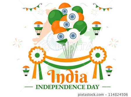 Happy Independence Day India Vector Illustration on 15th August with the Indian Flag in a National Holiday Flat Cartoon Style Background Happy Independence Day India Vector Illustration on 15th August with the Indian Flag in a National Holiday Flat Cartoon Style Background 114824506