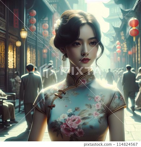 Elegance Amidst the Cityscape , 1930s Chinese woman with cheongsam with Generative AI. 114824567