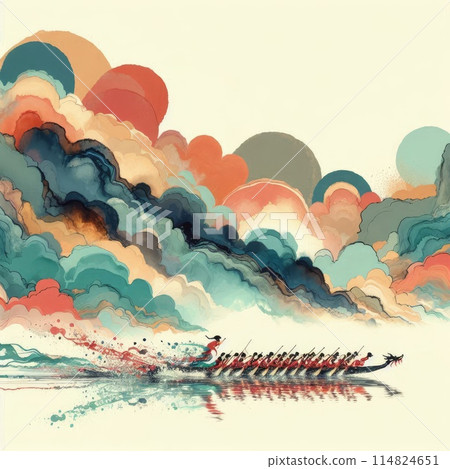 Dragon Boat Festival Celebration and Dragon Boat Race Scene in Mimimalist with Generative AI. Dragon Boat Festival Celebration and Dragon Boat Race Scene in Mimimalist with Generative AI. 114824651