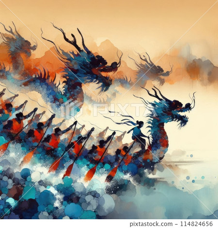 Dragon Boat Festival Celebration and Dragon Boat Race Scene in Mimimalist with Generative AI. 114824656