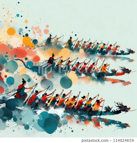 Dragon Boat Festival Celebration and Dragon Boat Race Scene in Mimimalist with Generative AI. 114824659