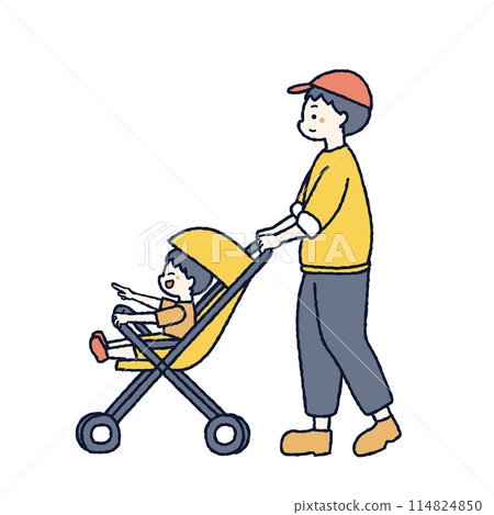Illustration of a father walking while pushing a stroller Illustration of a father walking while pushing a stroller 114824850