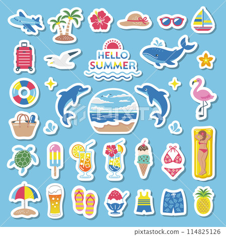 Simple illustration set of summer and sea, beach, summer vacation, travel, tropical, swimming, decoration 114825126