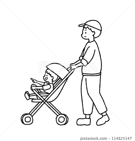 Monochrome illustration of a father walking while pushing a stroller Monochrome illustration of a father walking while pushing a stroller 114825147