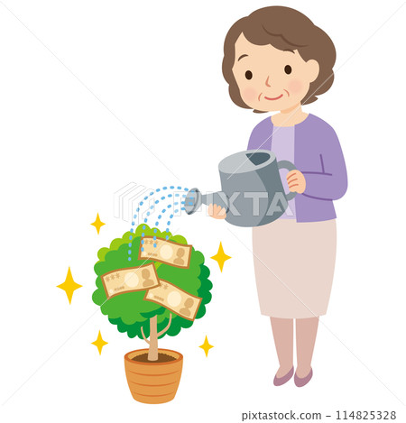 Middle-aged woman watering a money tree, asset management, retirement funds 114825328
