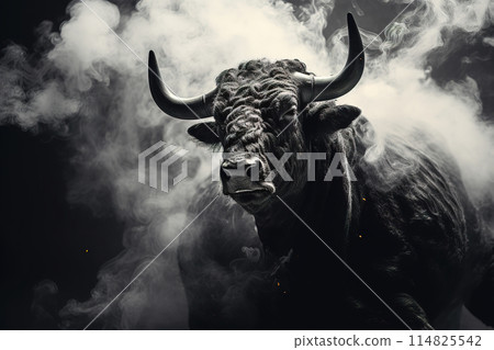 Wild bovine cattle with large horns along with white smoke. Bull. Wildlife Animals. 114825542