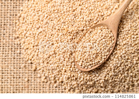 Brown quinoa seed in wooden spoon, Healthy food ingredient 114825861