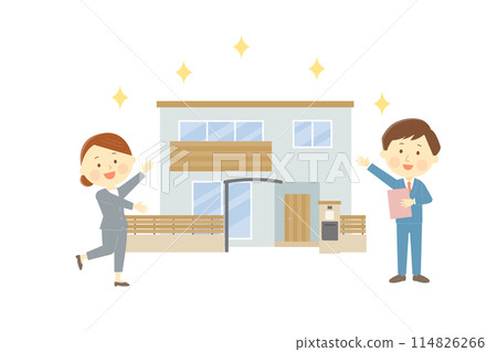A man and woman from a real estate agency recommending a two-story house 114826266