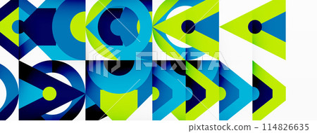 Blue and green geometric pattern with arrows in opposite directions 114826635