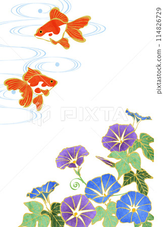 夏天的問候，明信片，金魚，牽牛花，流水，插畫，垂直 114826729