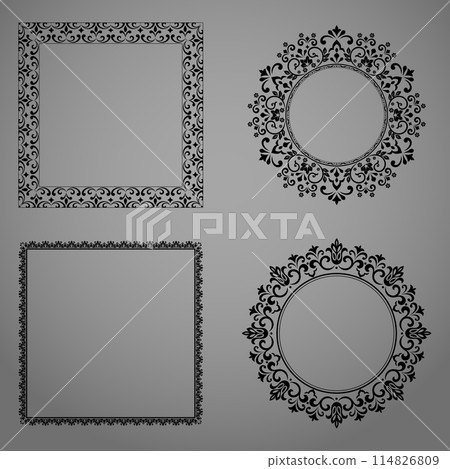 Set of decorative frames Elegant vector element for design in Eastern style, place for text. Floral black and gray borders. Lace illustration for invitations and greeting cards Set of decorative frames Elegant vector element for design in Eastern style, place for text. Floral black and gray borders. Lace illustration for invitations and greeting cards 114826809