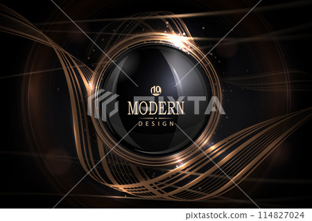 Illustration with a round gold frame with glitter and a curved ribbon on a black design 114827024