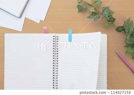 Turning the page. Notebook on the table. Notebook and documents on the desk. Turning the page. Notebook on the table. Notebook and documents on the desk. 114827158