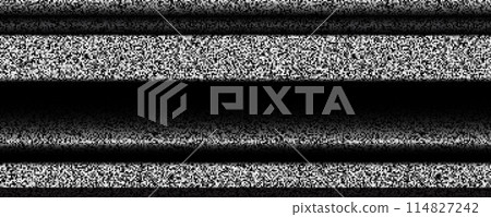 TV static noise background. Glitched pixelated screen texture. VHS video with black stripes, interferences and glitches. White noise signal grain for poster, banner. Television screen. Vector TV static noise background. Glitched pixelated screen texture. VHS video with black stripes, interferences and glitches. White noise signal grain for poster, banner. Television screen. Vector 114827242
