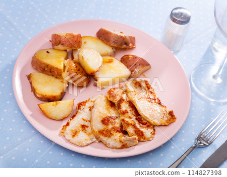 Fried barbecue pork meat with baked potato Fried barbecue pork meat with baked potato 114827398