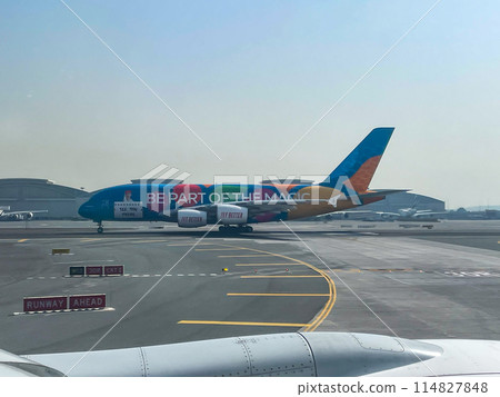 一架特別噴漆的阿聯酋航空 A380 飛機抵達杜拜機場 114827848