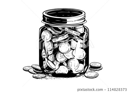 Full jar of coin hand drawn ink sketch. Engraved vector illistration. 114828373