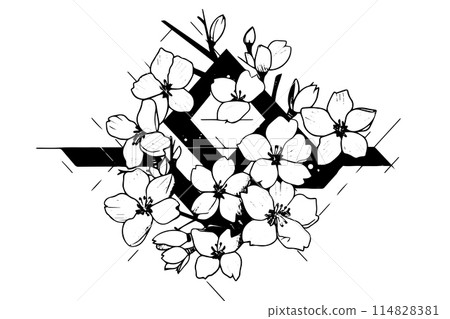 Sakura flower logotype hand drawn ink sketch. Engraved style vector illustration. 114828381