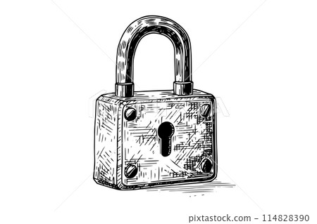 Vintage Lock Sketch: Engraved Antique Padlock Illustration in Woodcut Style. 114828390