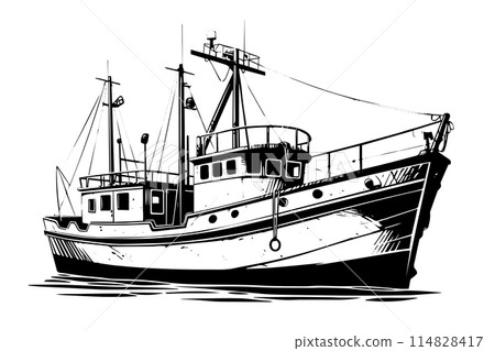 Super fishing ship vector sketch. Sea cruise hand drawing. Mega boat. 114828417