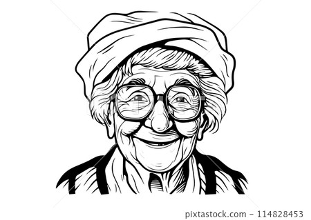 Cute smiling granny hand drawn ink sketch. Engraved style vector portrait. Design for logotype. Cute smiling granny hand drawn ink sketch. Engraved style vector portrait. Design for logotype. 114828453