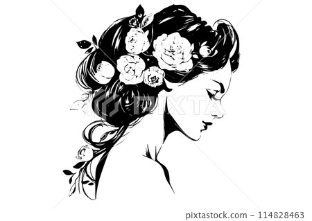 Woman with flowers in hair hand drawn ink sketch. Engraved style vector portrait. 114828463