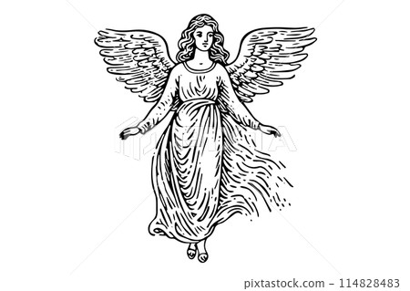 Vintage Angel Vector Illustration: Antique Sketch of a Flying Statue. Etching woman. 114828483