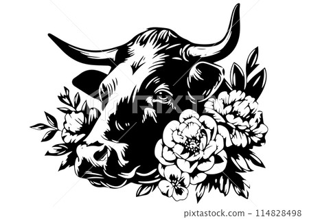 Vintage Cow Head with Flowers Logo: Hand-drawn Vector Illustration of Dairy Majesty. Vintage Cow Head with Flowers Logo: Hand-drawn Vector Illustration of Dairy Majesty. 114828498