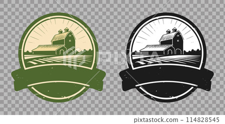 Farm logo illustration, emblem with farmhouse design hand drawn sketch. Vector illustration. 114828545