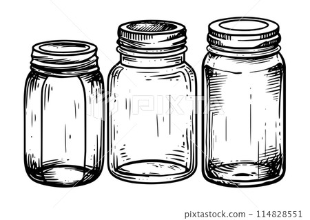 Set of empty jar hand drawn ink sketch. Engraved vector illistration. Set of empty jar hand drawn ink sketch. Engraved vector illistration. 114828551