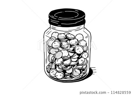Full jar of coin hand drawn ink sketch. Engraved vector illistration. Full jar of coin hand drawn ink sketch. Engraved vector illistration. 114828559