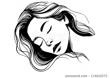 Sleeping girl portrait hand drawn ink sketch. Engraved style retro vector logotype. Sleeping girl portrait hand drawn ink sketch. Engraved style retro vector logotype. 114828572