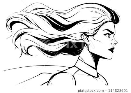 Super hero girl hand drawn ink sketch. Engraved style retro vector logotype. 114828601