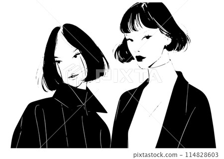 Two fashion woman vector sketch. Couple beauty glamour lady in suit. 114828603