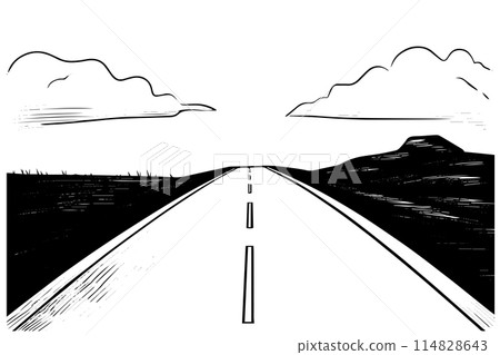Simple road hand drawn ink sketch highway landscape. Engraved style vector illustration. 114828643