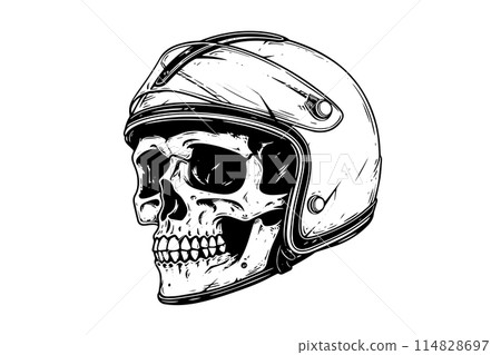 Skull in a motorcycle helmet hand drawn ink sketch. Engraved style vector illustration. 114828697