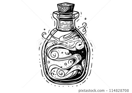 Magic bottle with potion hand drawn ink sketch. Engraved style vector illustration. 114828708