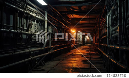 Industrial illuminated empty technical tunnel, pipes and wires along the walls, wide angle. 114828738