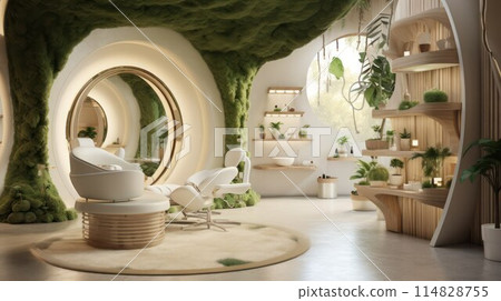 Interior of luxury spa salon in eco style, treatment area decorated with live green moss and plants. 114828755