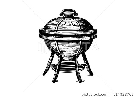 Retro barbecue grill hand drawn ink sketch. Engraved vector illustration. Retro barbecue grill hand drawn ink sketch. Engraved vector illustration. 114828765