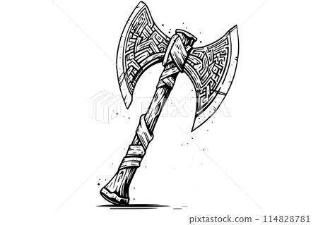 War axe hand drawn ink sketch. Engraved style vector illustration. 114828781