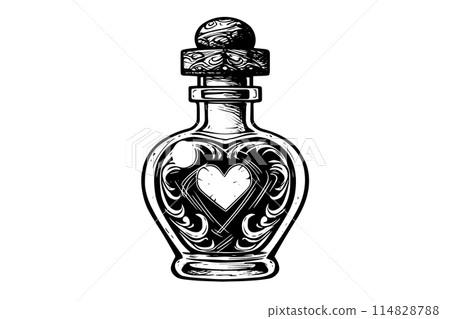 Magic bottle with love potion hand drawn ink sketch. Engraved style vector illustration. 114828788